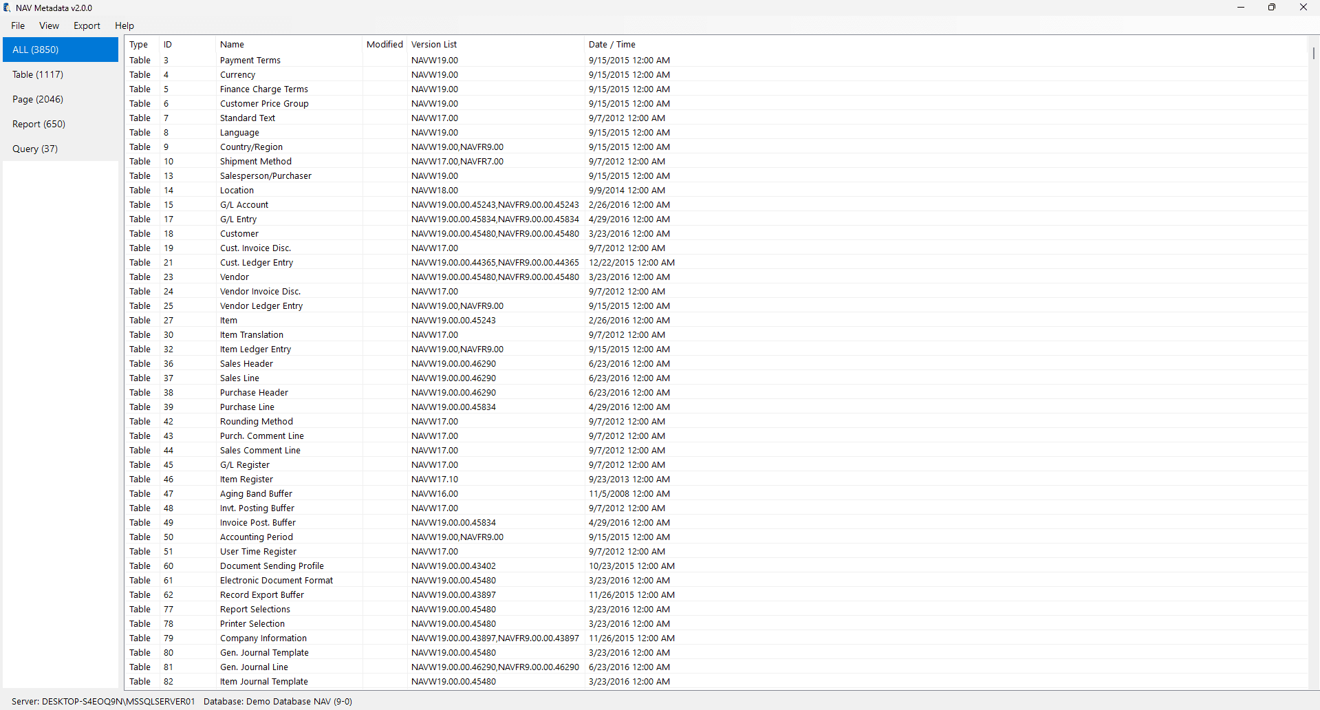Browse NAV objects with type sidebar and filterable grid