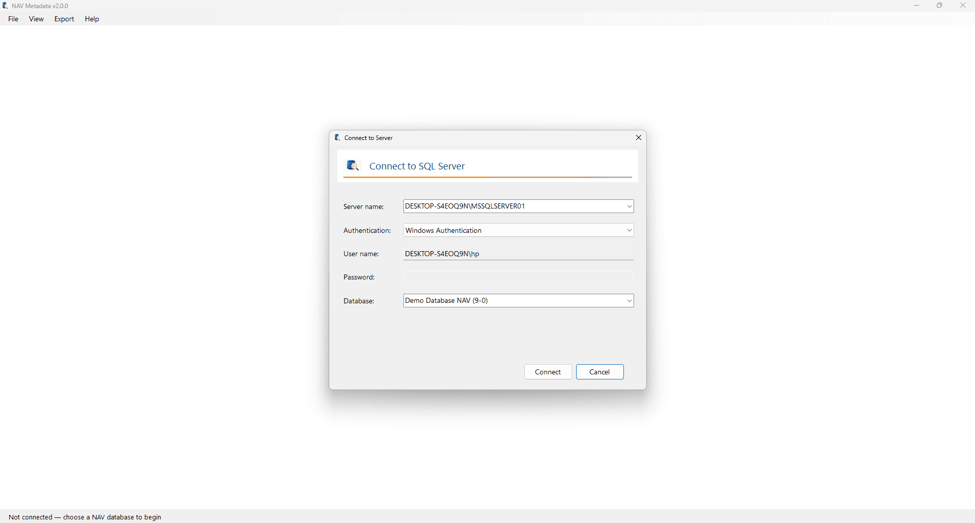 Connect to SQL Server dialog with Windows authentication