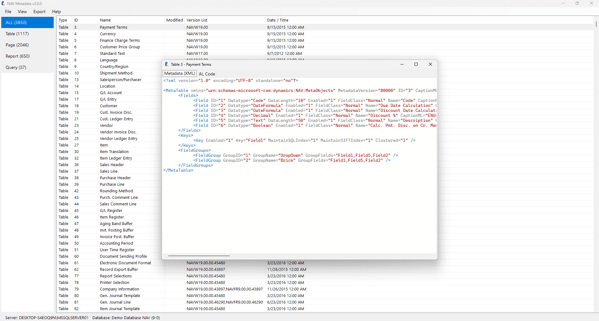 Payment Terms table metadata shown as highlighted XML