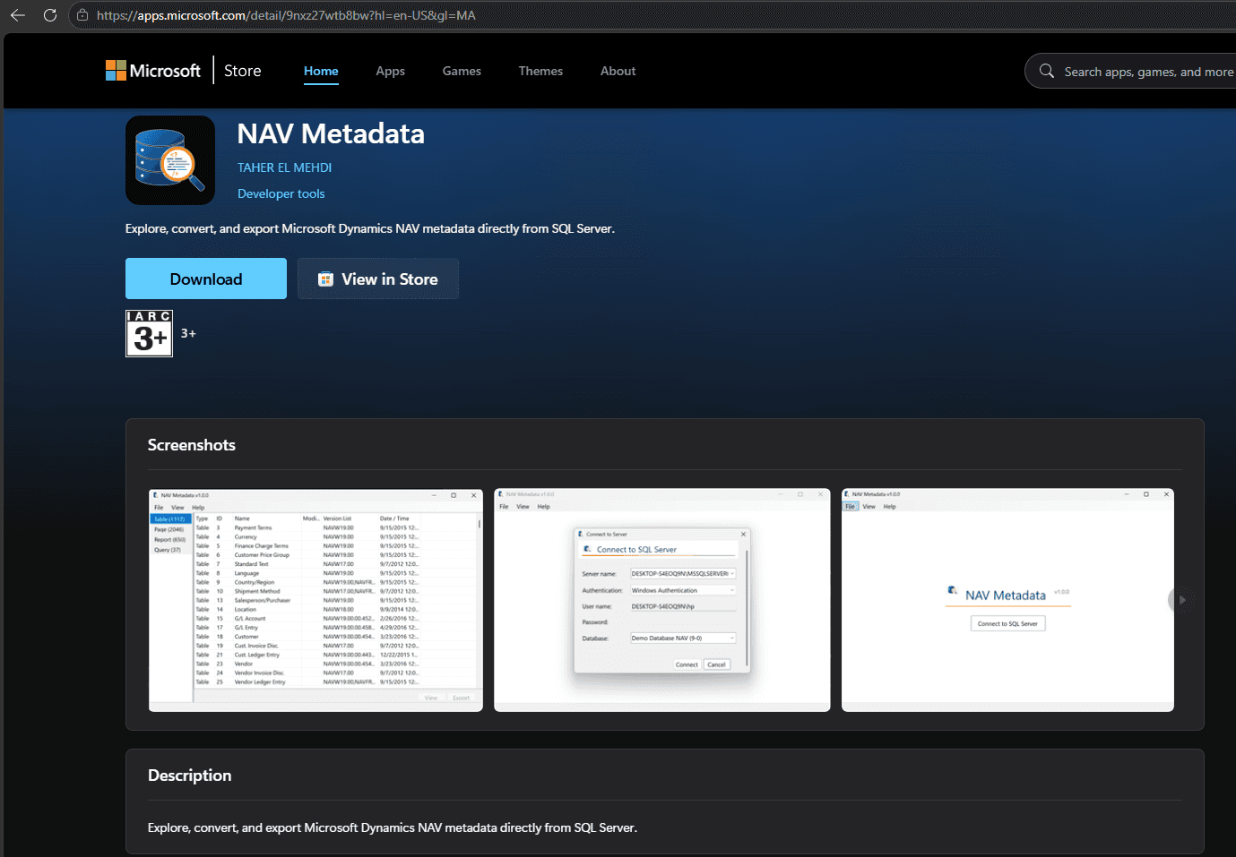 NAV Metadata listing on the Microsoft Store