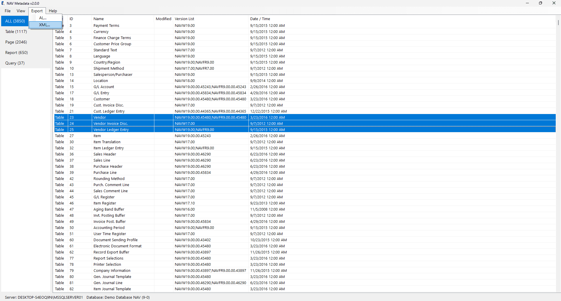 Multi-select Vendor tables with Export menu for AL or XML