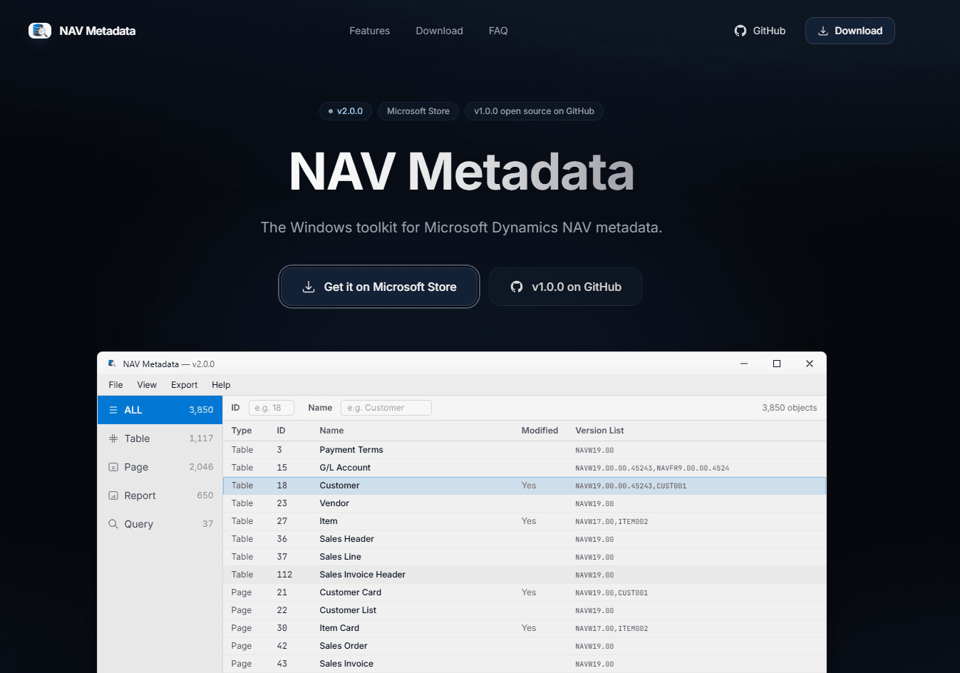 NAV Metadata website — download the latest release or open-source Community Edition